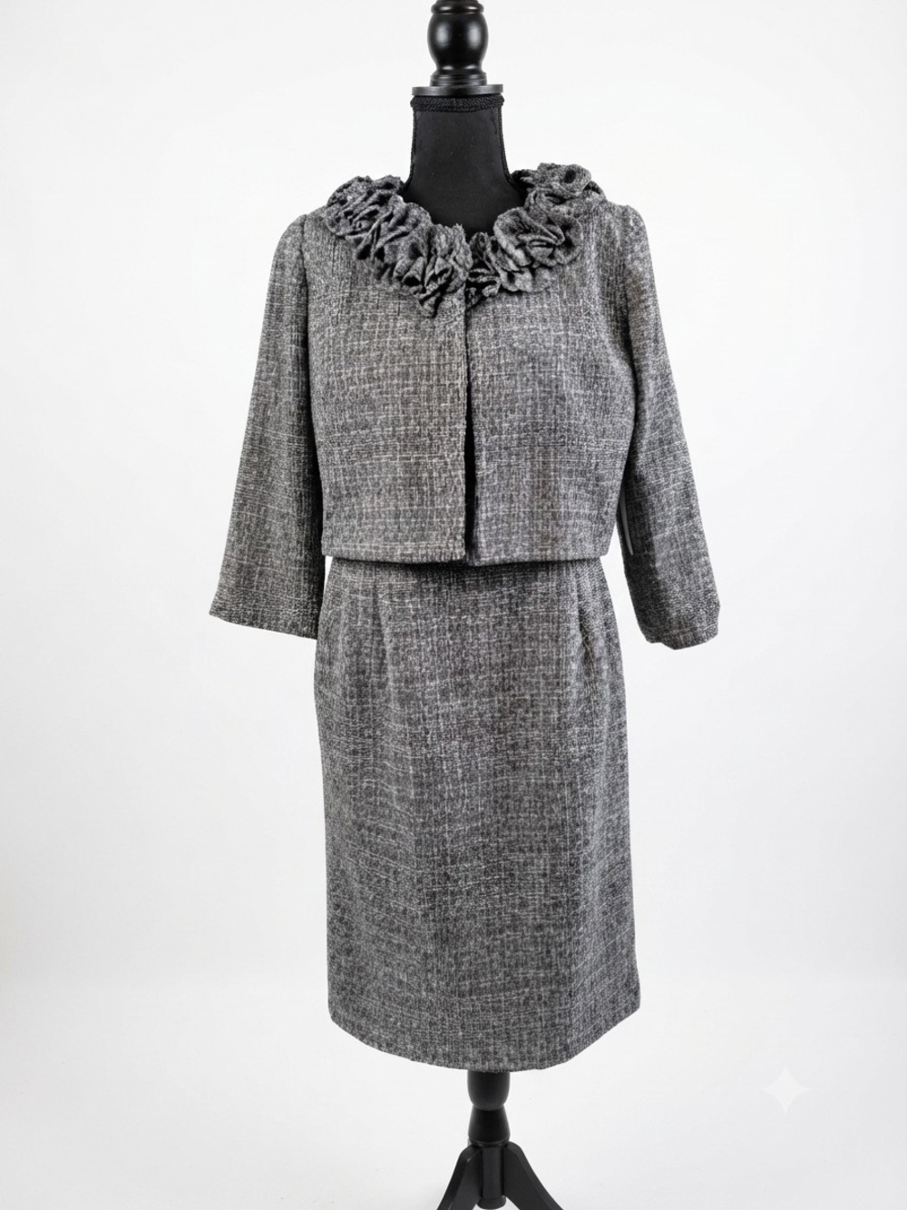 Danny & Nicole Gray Tweed Midi Dress with Ruffle Collar Jacket
